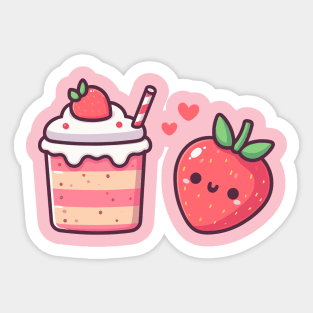 Strawberry Cake with a Cute Kawaii Strawberry and Hearts | Design for Kawaii Food Lovers Sticker